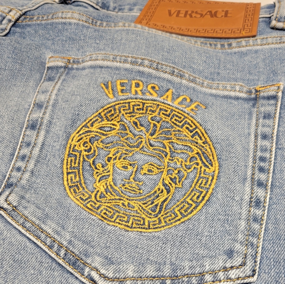 VERSACE, 35, Denim Pant, Blue stretch light stone wash